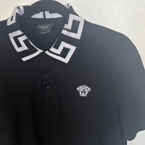 Versace Black “Tailor Fit” Polo with Contrasting White Geometric Collar